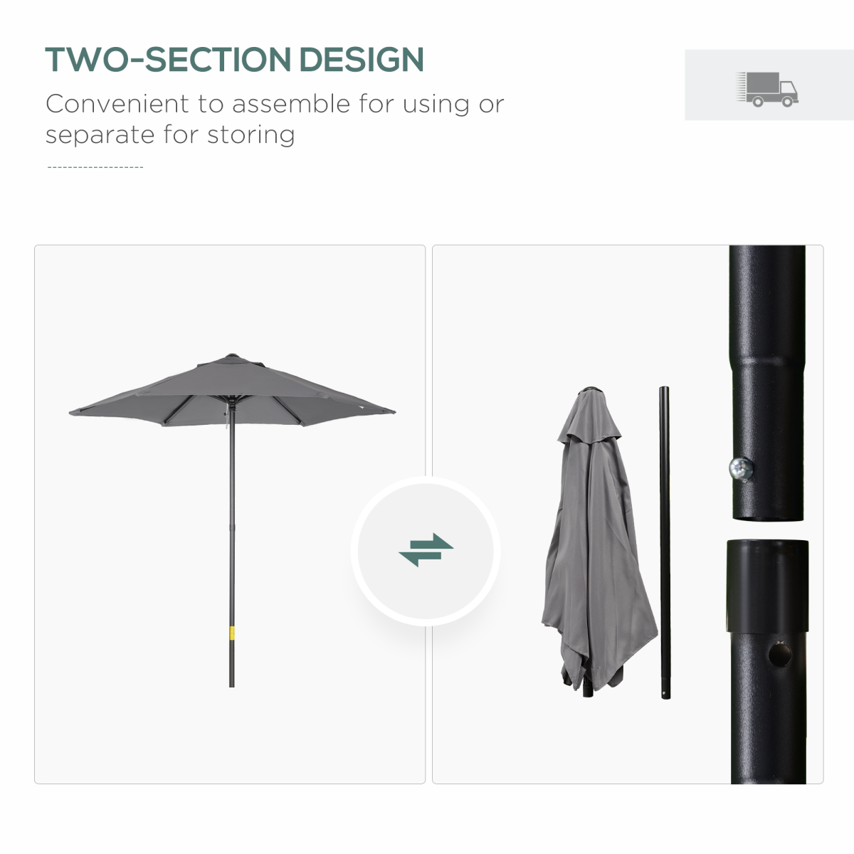 Outsunny 1.96m Dark Grey Outdoor Parasol Patio Umbrella with Aluminium Frame and 6 Steel Ribs