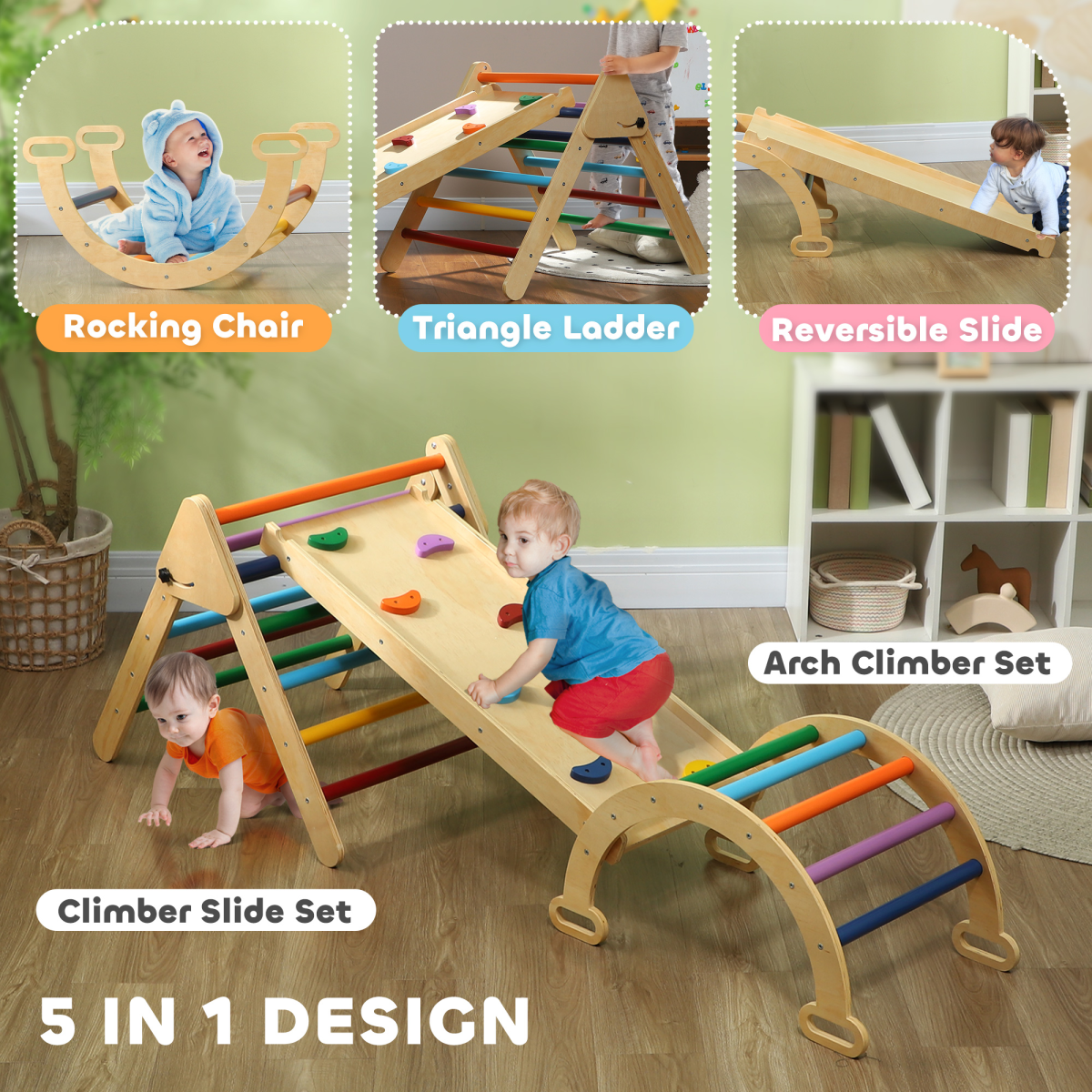 AIYAPLAY 5-in-1 Toddler Climbing Frame with Slide & Arch, 18-48 Months