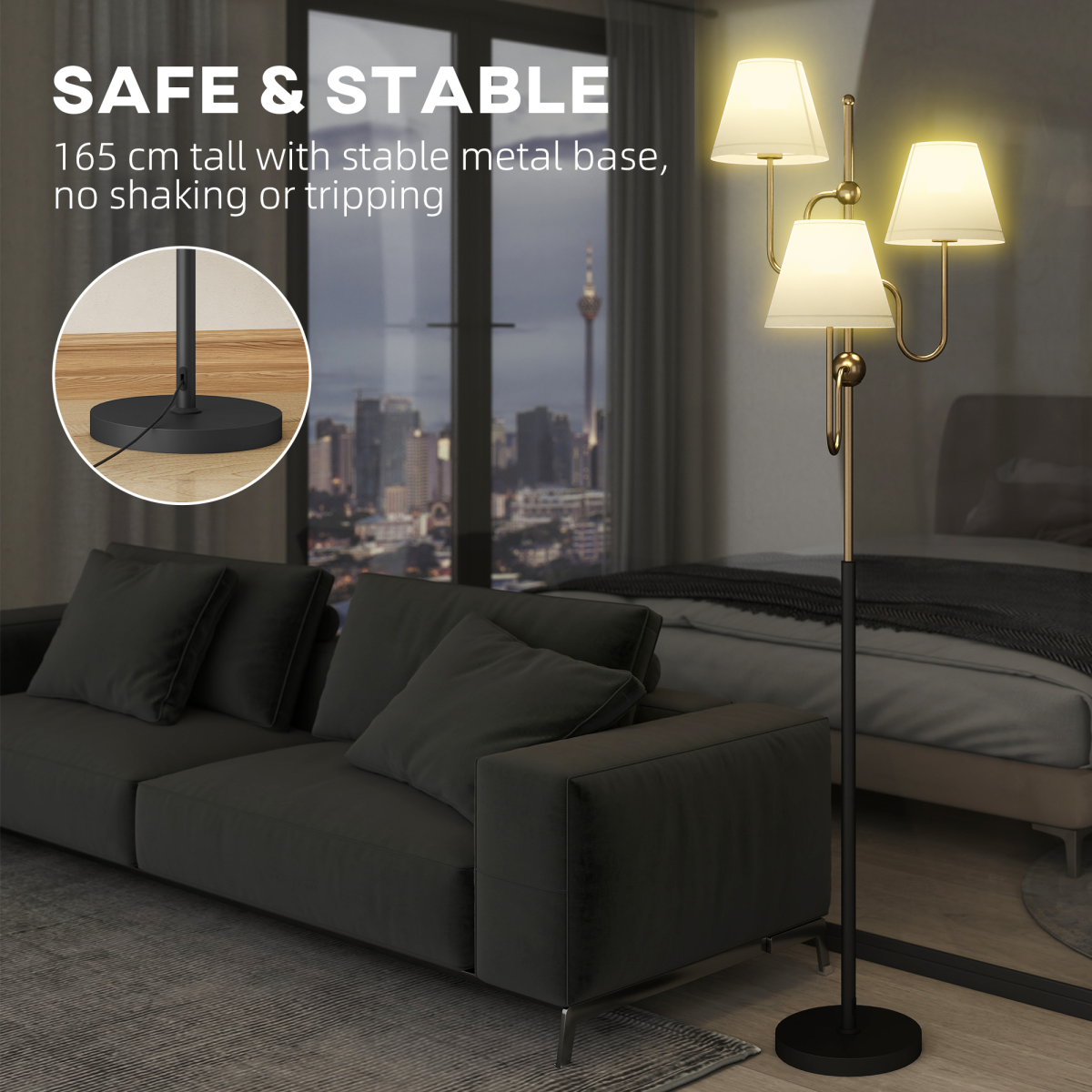 HOMCOM 3-Light Gold Metal Floor Lamp with Foot Switch, 165 cm