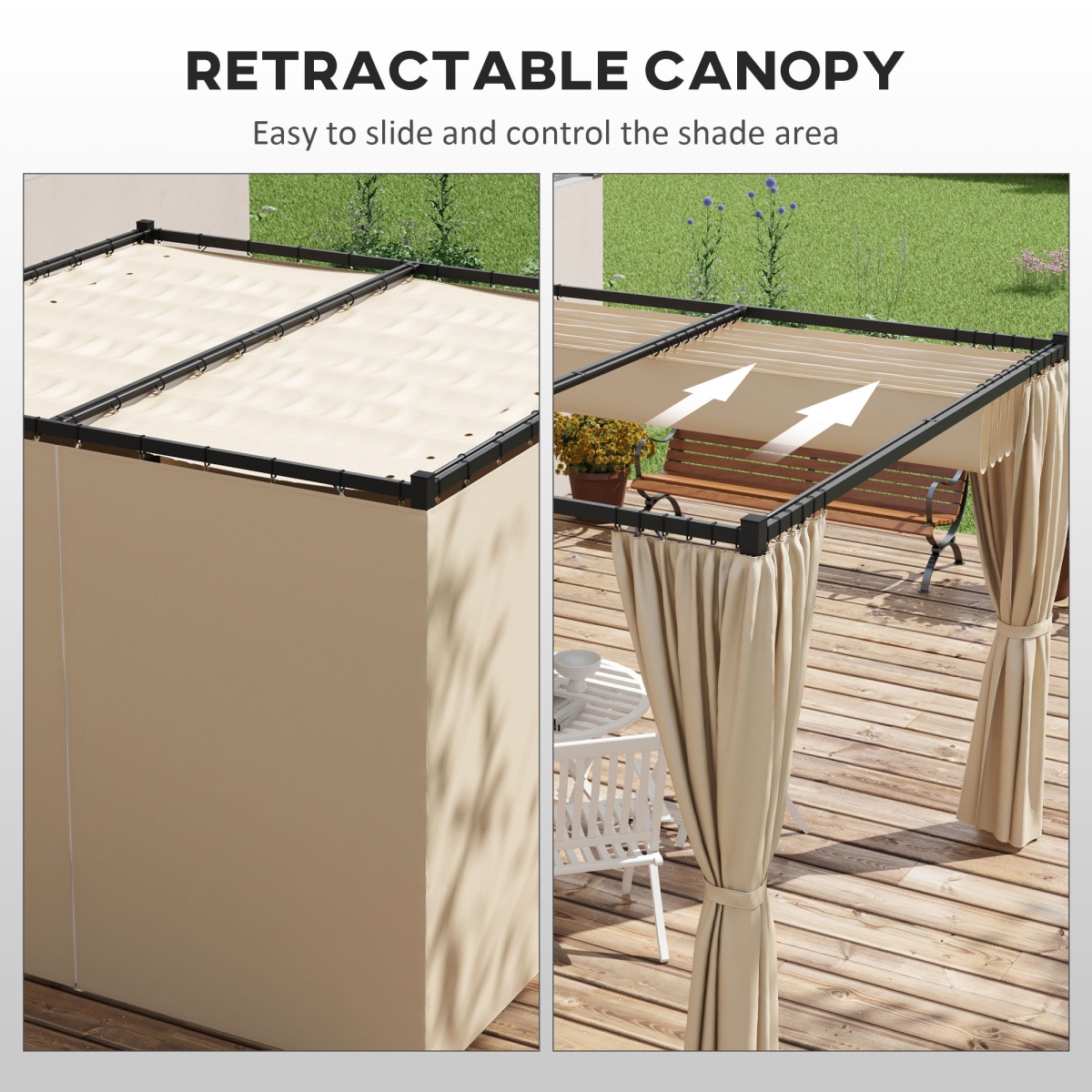 Outsunny 3 x 3(m) Pergola with Retractable Roof and Curtains, Beige