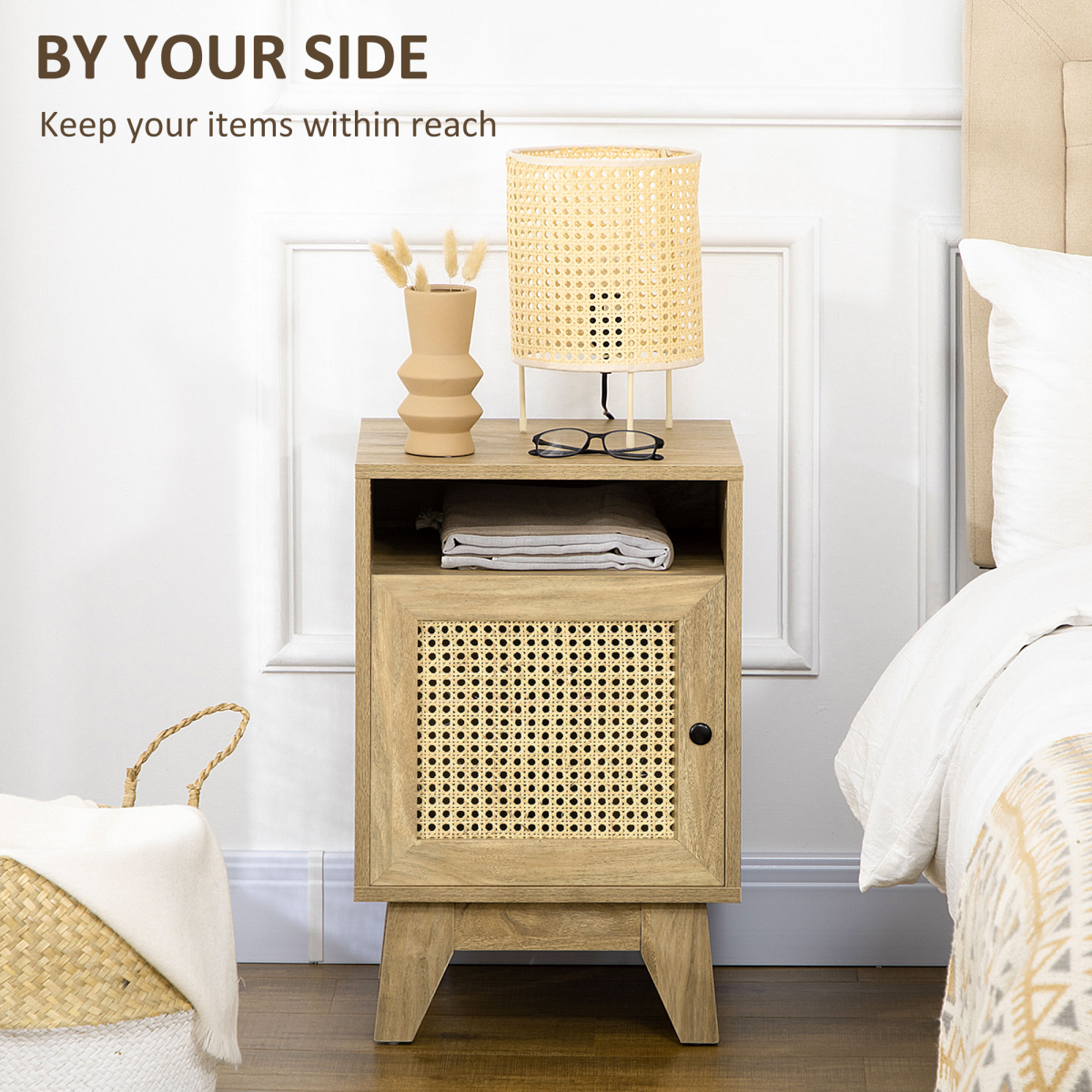 HOMCOM Bedside Table with Drawer, Shelf and Rattan Panel