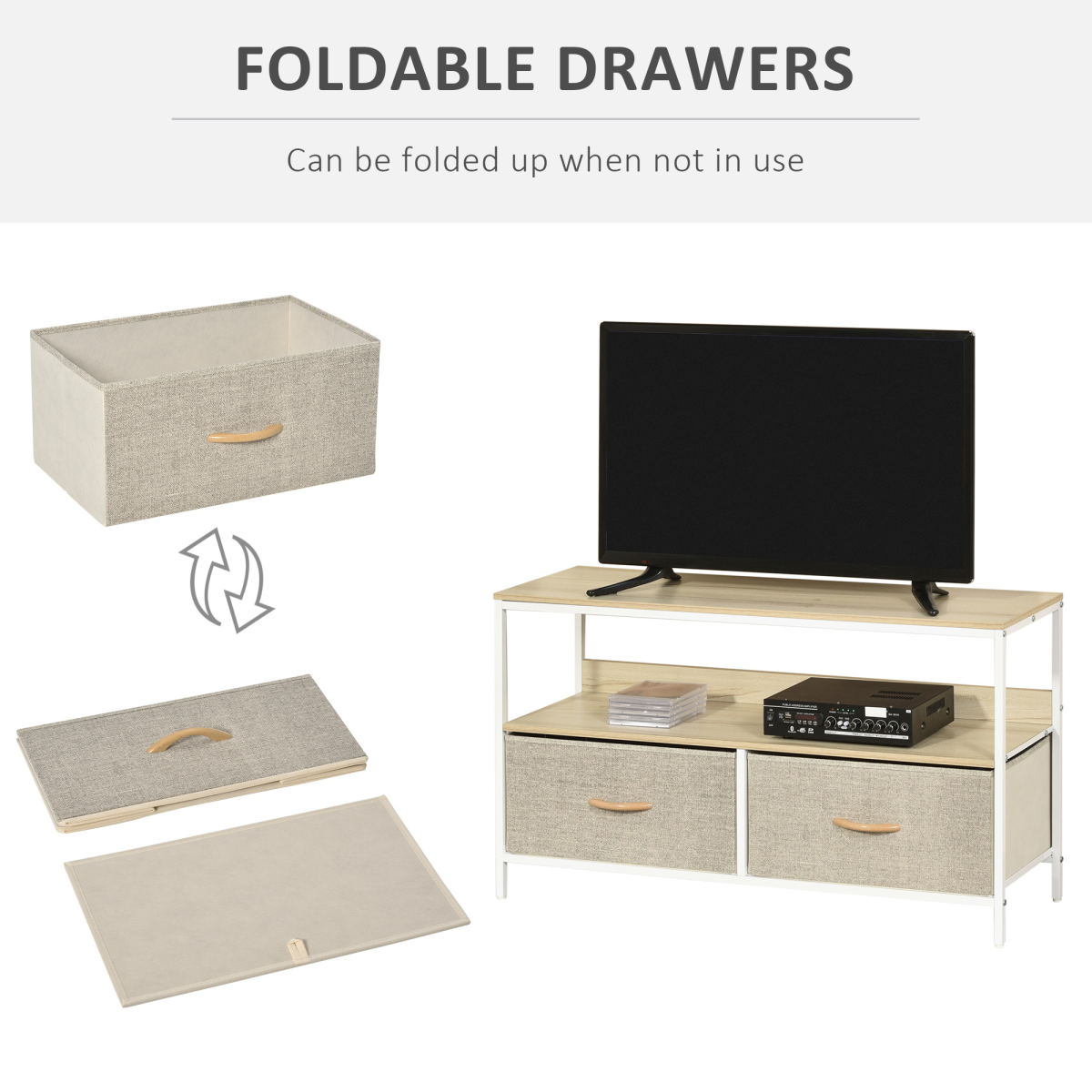 HOMCOM TV Cabinet with 2 Foldable Linen Drawers, Maple Colour