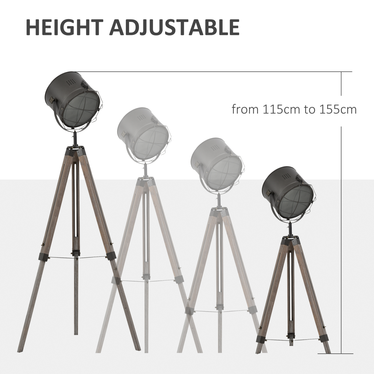 HOMCOM Pine Wood Tripod Spotlight Floor Lamp, Height Adjustable, Brown/Black