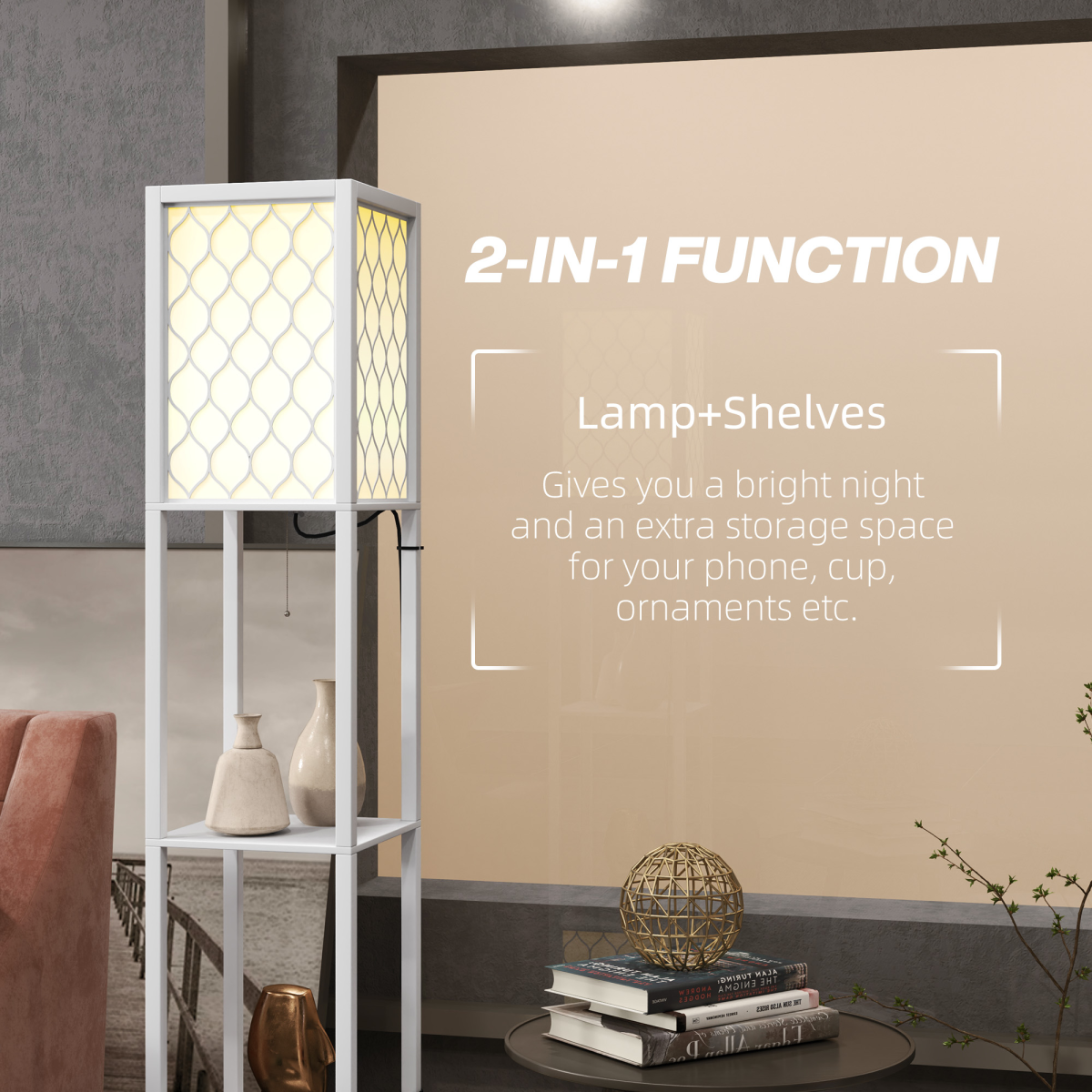 HOMCOM Modern 2-Light Floor Lamp with Shelves, White