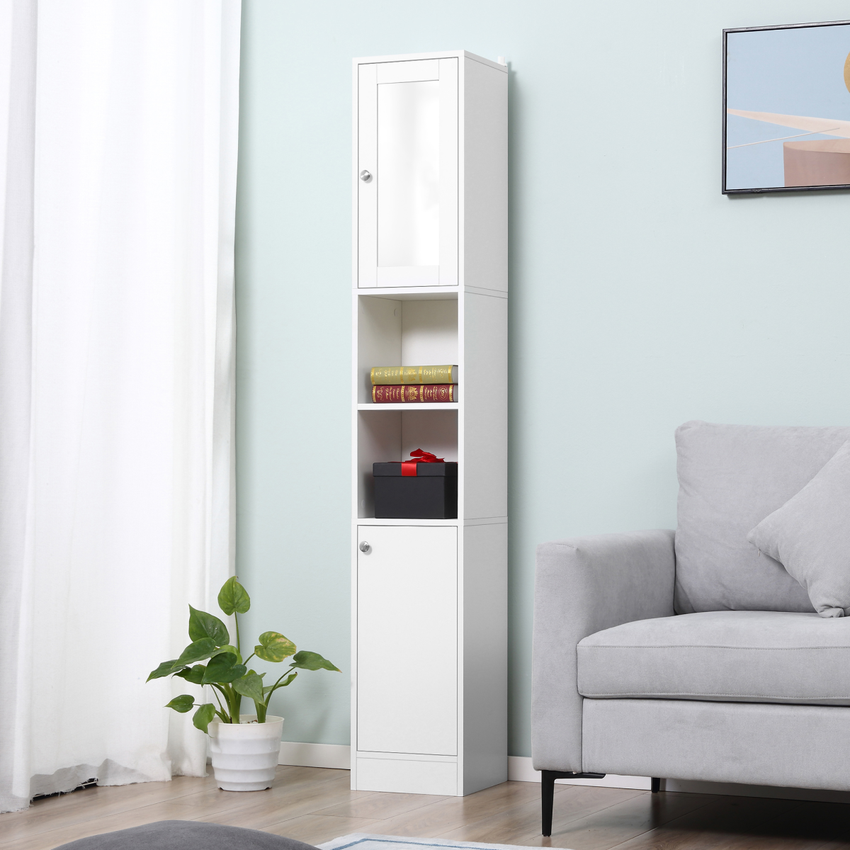 Bathroom Floor Storage Cabinet with Mirrored Door, 2 Cupboards and 2 Shelves, Tallboy Unit