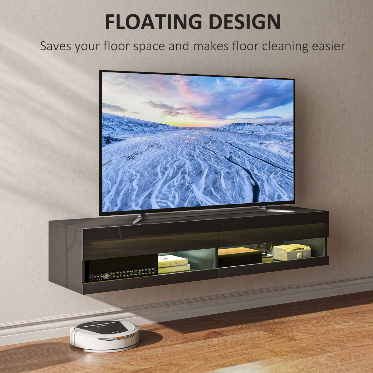 HOMCOM Wall-Mounted Media Console with LED Lights, Storage Shelves, 65" TV Support, High Gloss Black