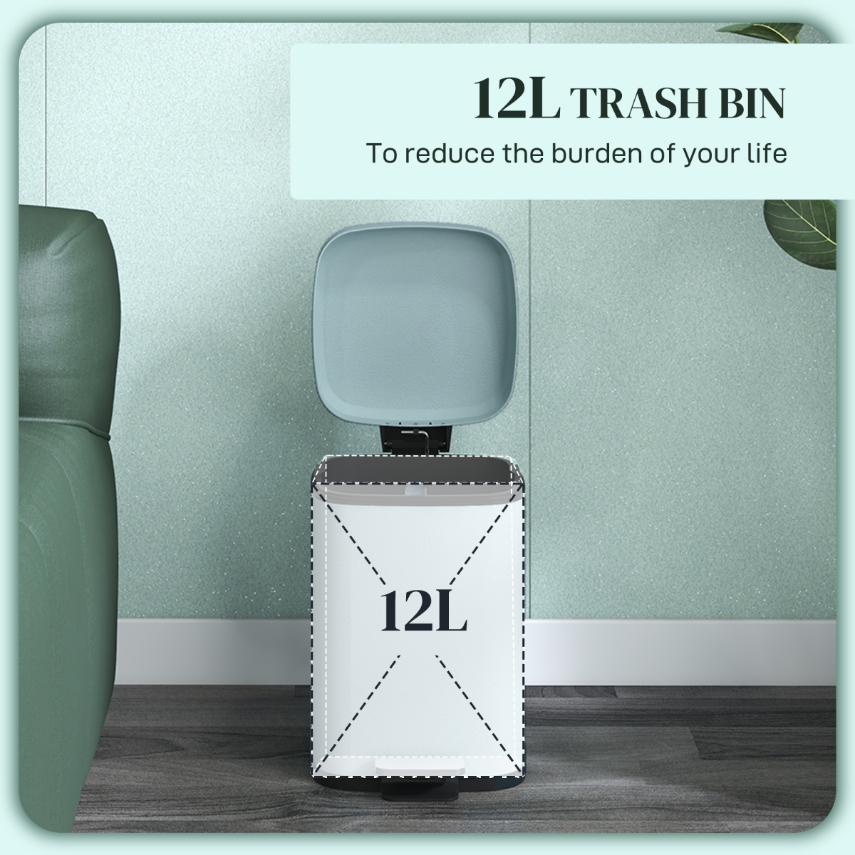 PawHut 12L Metal Pedal Bin with Soft-Close Lid, Light Green