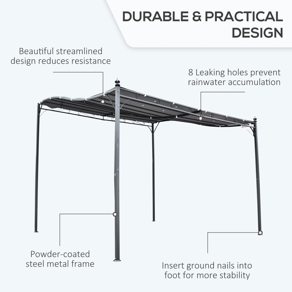 Outsunny 3x3m Freestanding Metal Wall Awning Canopy, Grey