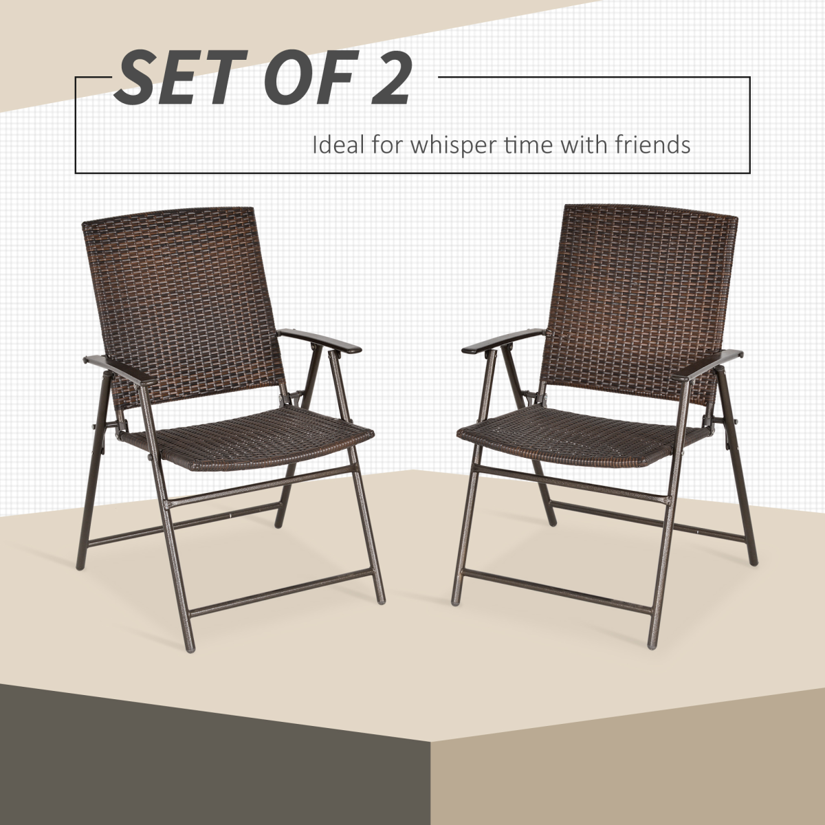 Outsunny 2-Pack Foldable Rattan Garden Chairs, Steel Frame, Armrests