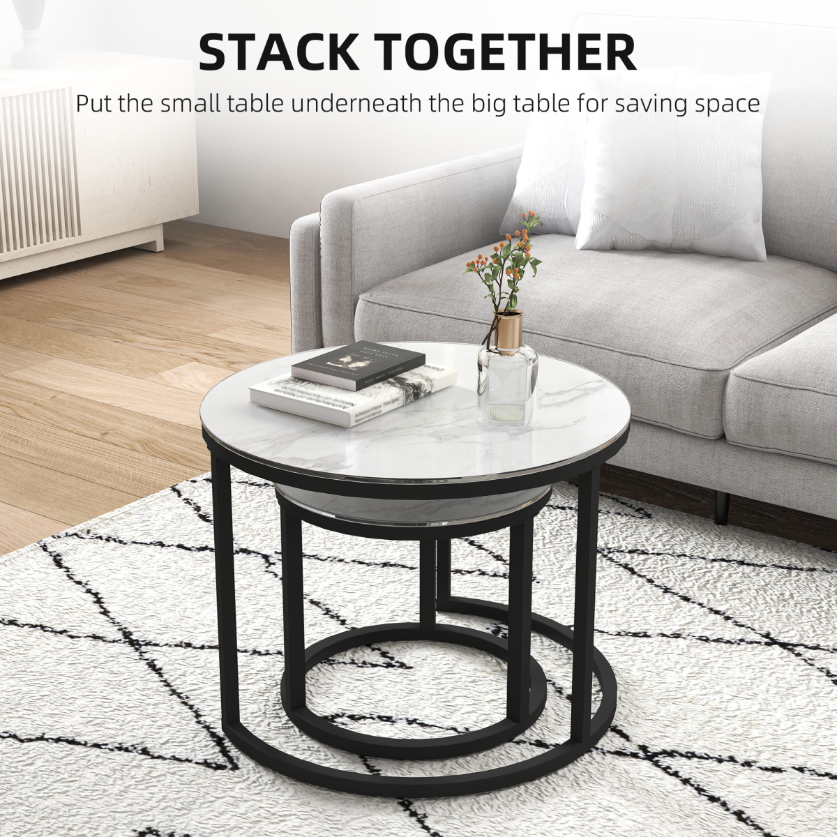 HOMCOM Round Glass Nesting Coffee Table Set of 2, Marble-Effect