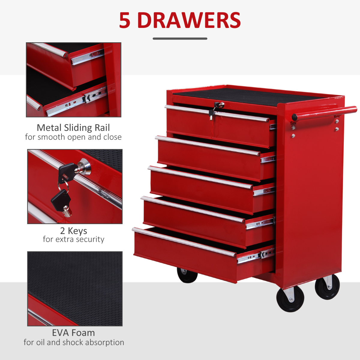 HOMCOM 5-Drawer Steel Tool Trolley on Wheels, Lockable, Red