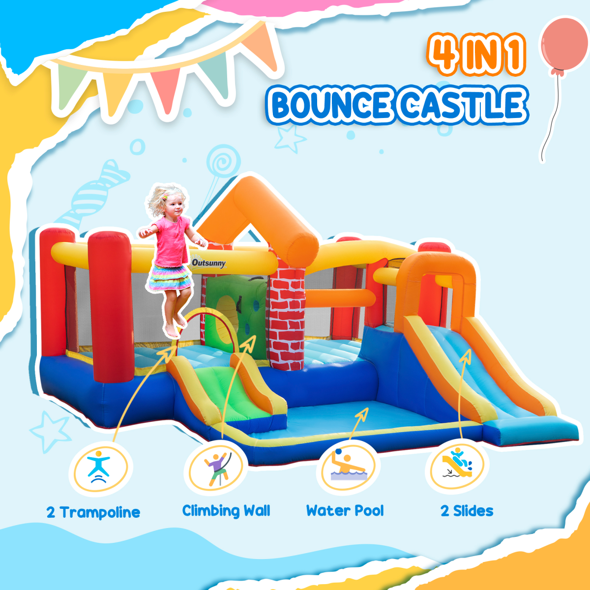 Kids Inflatable Bouncy Castle with 2 Slides, Pool, Trampoline & Blower