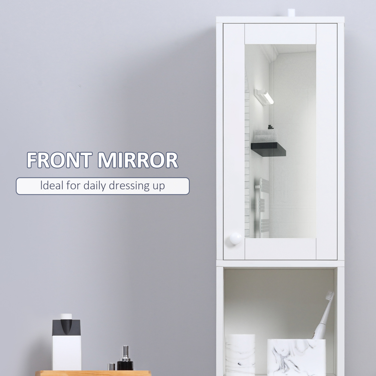 Tallboy Bathroom Storage Cabinet with Mirror, Freestanding Narrow Cabinet with Adjustable Shelves