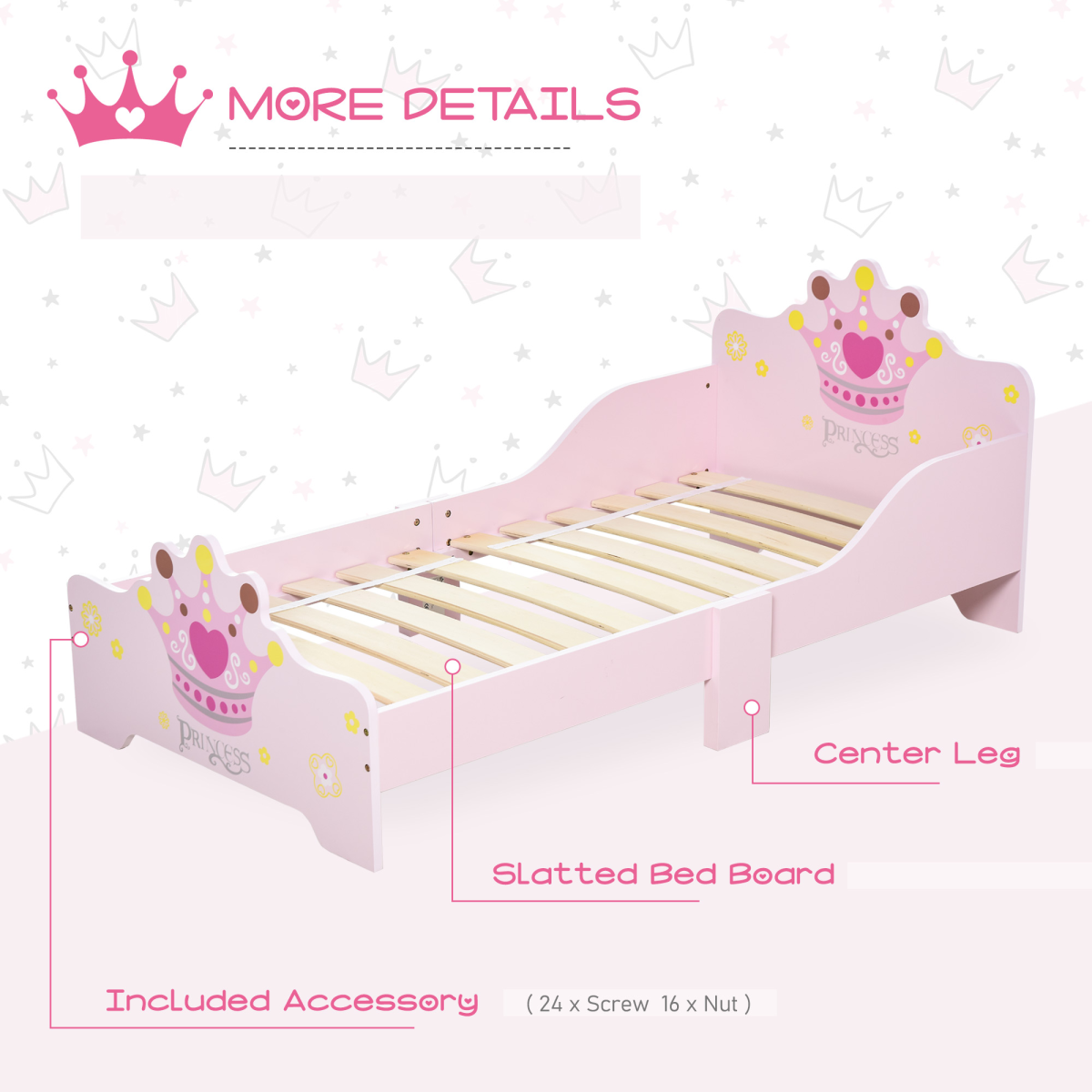 Homcom Kids Pink Princess Crown Wooden Bed with Side Rails