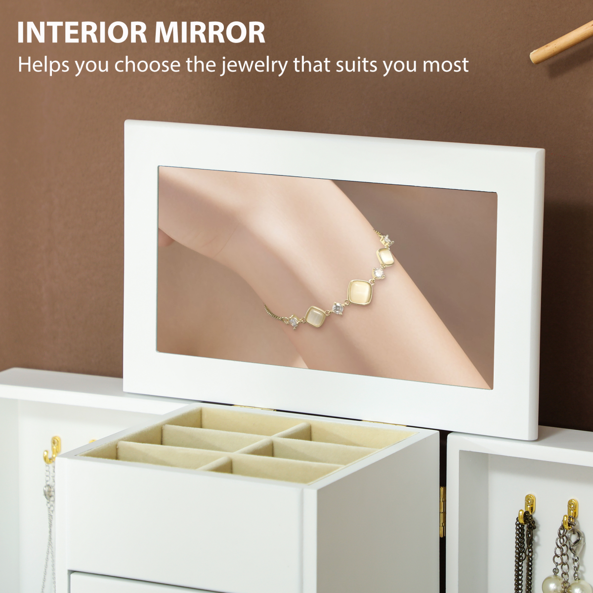 HOMCOM 4-Tier Jewellery Box with Mirror and 2 Drawers, White