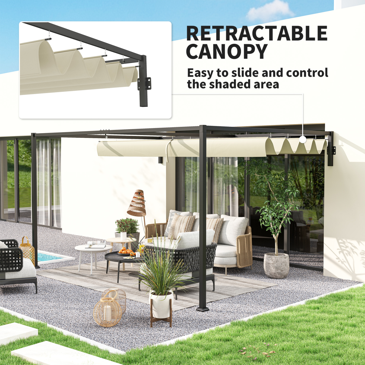 Outsunny 3 x 4m Wall-Mounted Pergola with Retractable Roof, Khaki