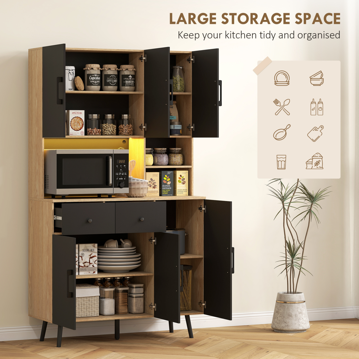 HOMCOM Tall Kitchen Cupboard with USB RGB LED Lights, Oak and Black