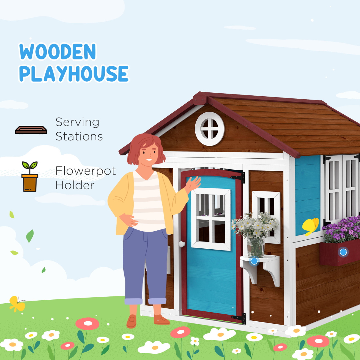 Outsunny Wooden Kids Playhouse with Doors, Windows & Plant Pots