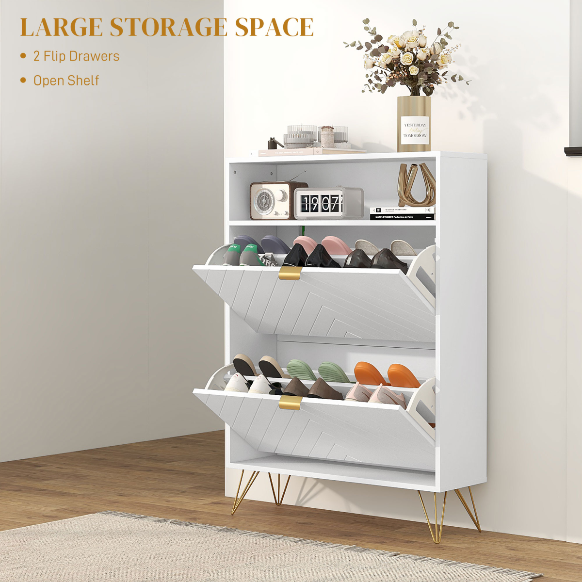 HOMCOM Narrow Shoe Cabinet with 2 Flip Drawers, Stores 12 Pairs