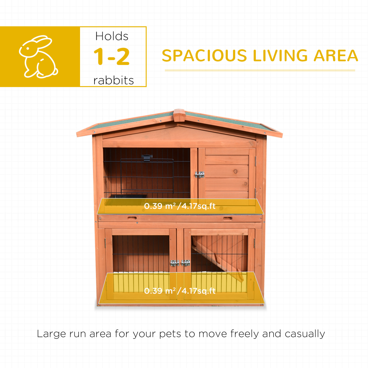 PawHut A-Frame Wooden Rabbit Hutch, 2-Storey Small Animal House with Large Run Area, Removable Divider, Ramp, and Slide-Out Tray