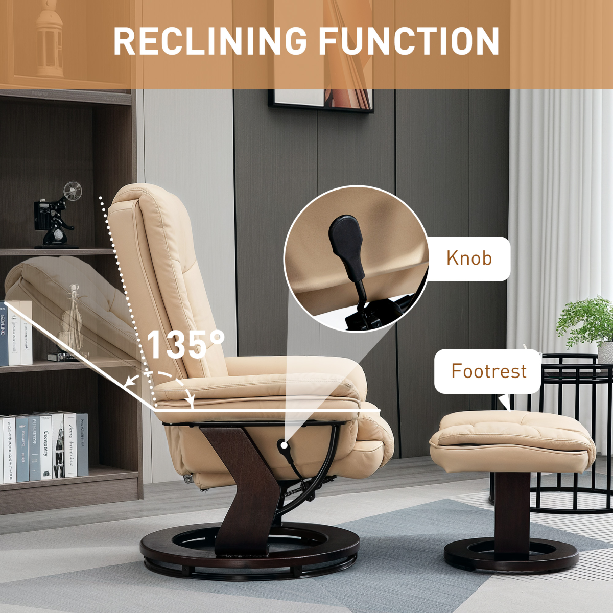 HOMCOM Beige PU Leather Swivel Manual Recliner Chair with Footrest