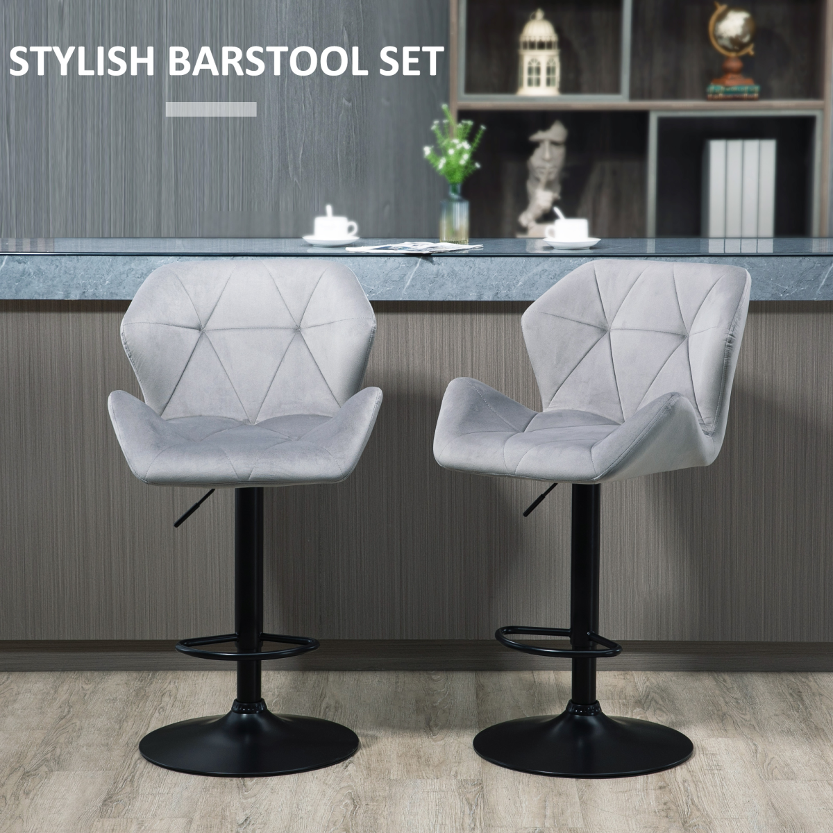 HOMCOM Set of 2 Grey Velvet-Feel Adjustable Bar Stools