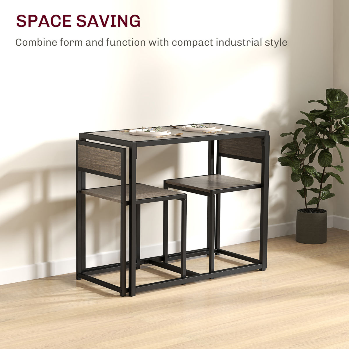 HOMCOM 3-Piece Dining Table Set, Steel Frame, Grey Wood-Effect
