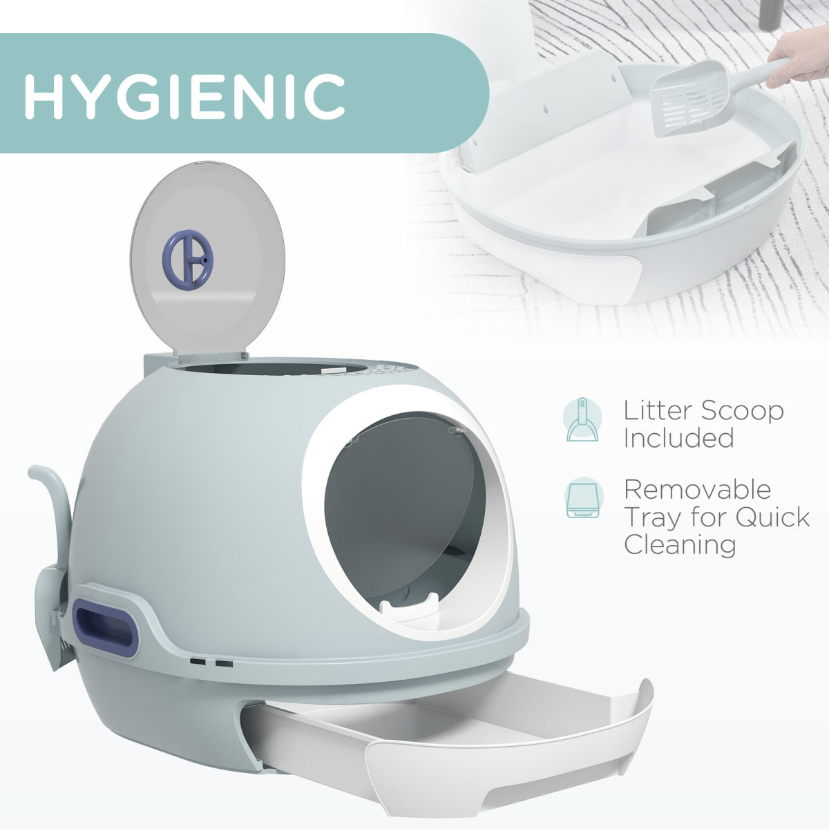 PawHut Enclosed Cat Litter Box with Removable Tray, Top Exit, Skylight, Scoop, and Side Handles