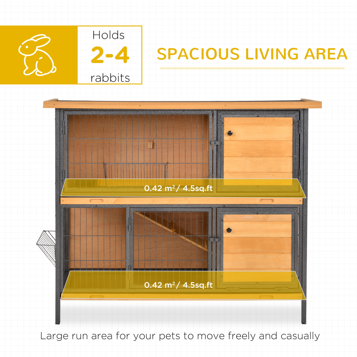 PawHut Wooden and Metal Rabbit Hutch with Slide-Out Tray, Outdoor Bunny Pet House, Light Yellow