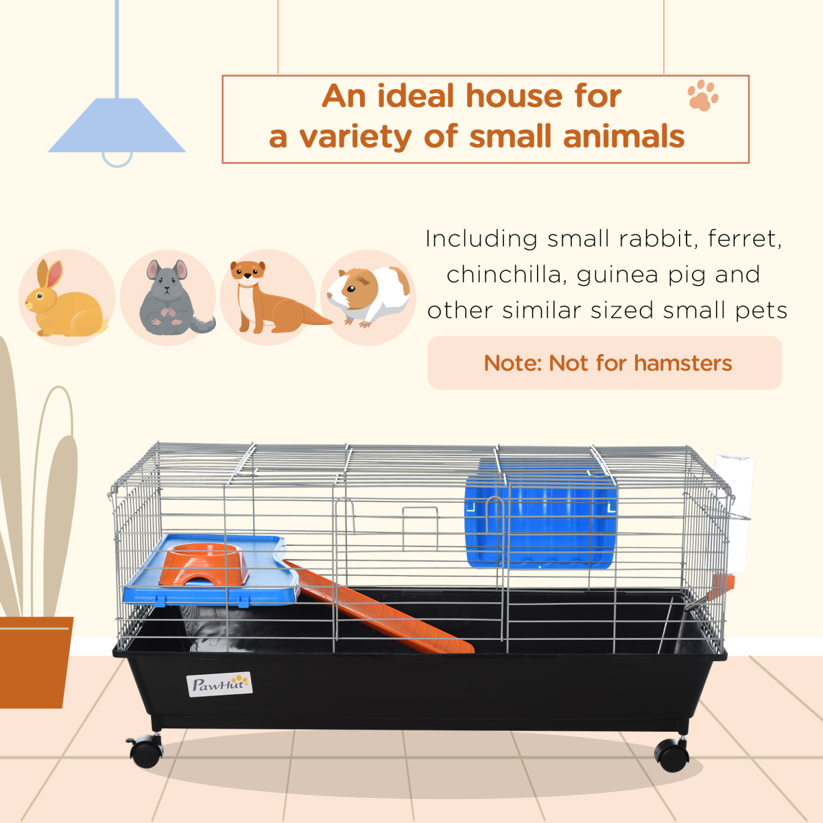 Pawhut 89cm Small Animal Home Cage with Wheels, Platform, Ramp, Hay Feeder, Water Bottle and Food Dish, Black