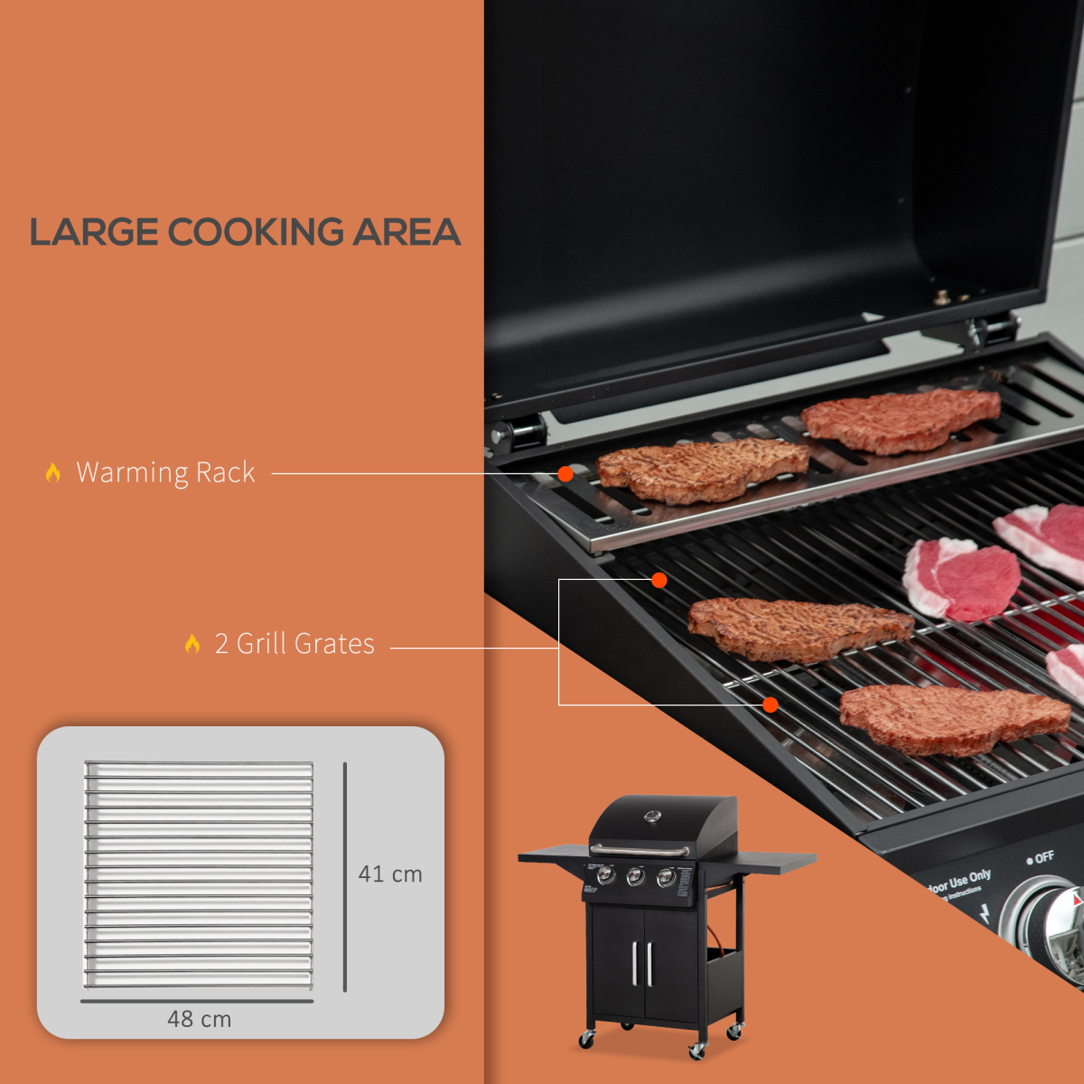 Outsunny 3 Burner Gas BBQ Grill with Lid, Warming Rack, Side Shelves, Storage Cabinet, Wheels, Piezo Ignition
