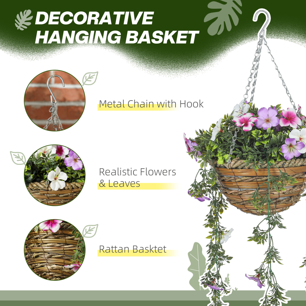 HOMCOM Set of 2 Artificial Azalea Hanging Plants with Basket