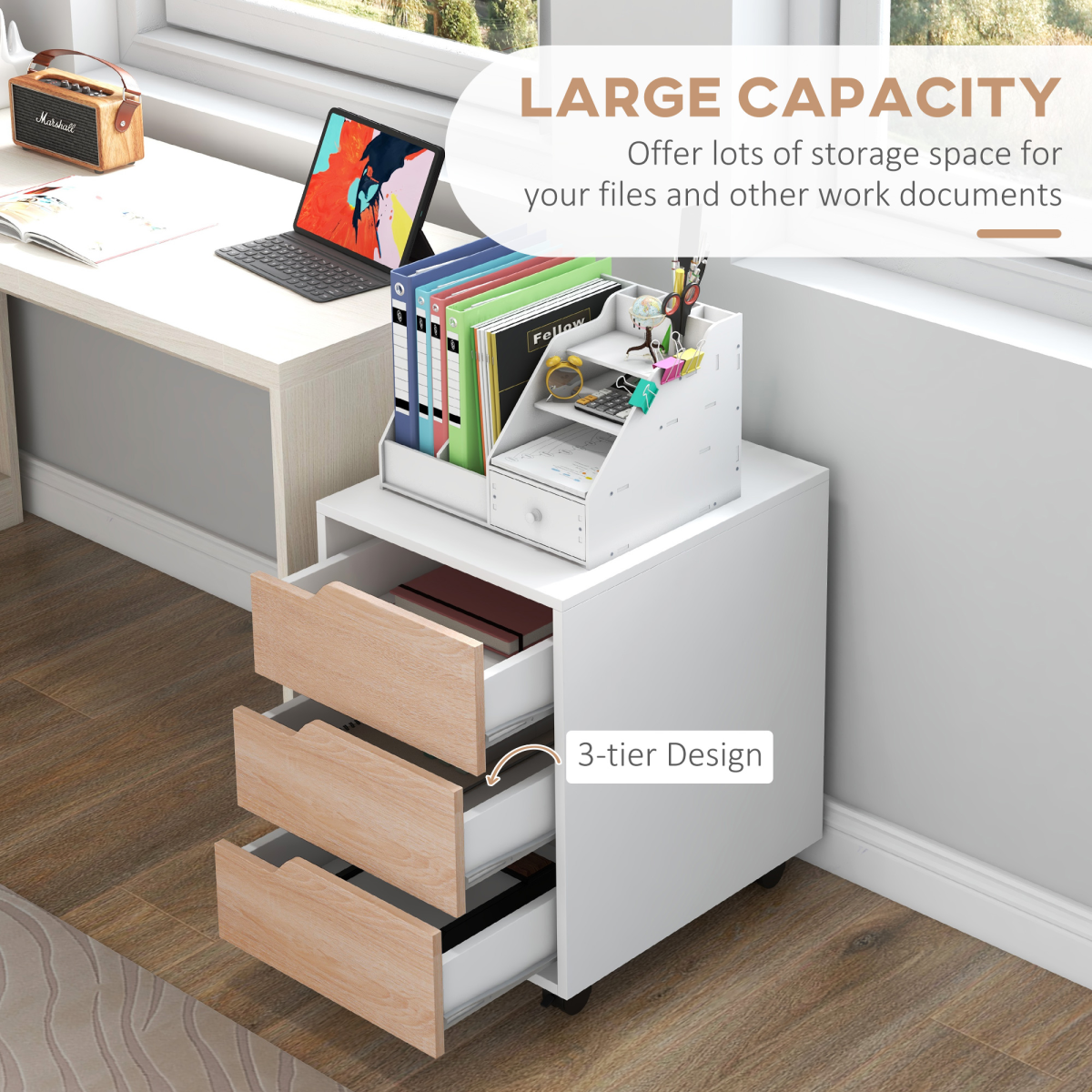 Homcom Mobile File Cabinet with 3 Drawers, Locking Casters, Metal Rails, Oak Tone White