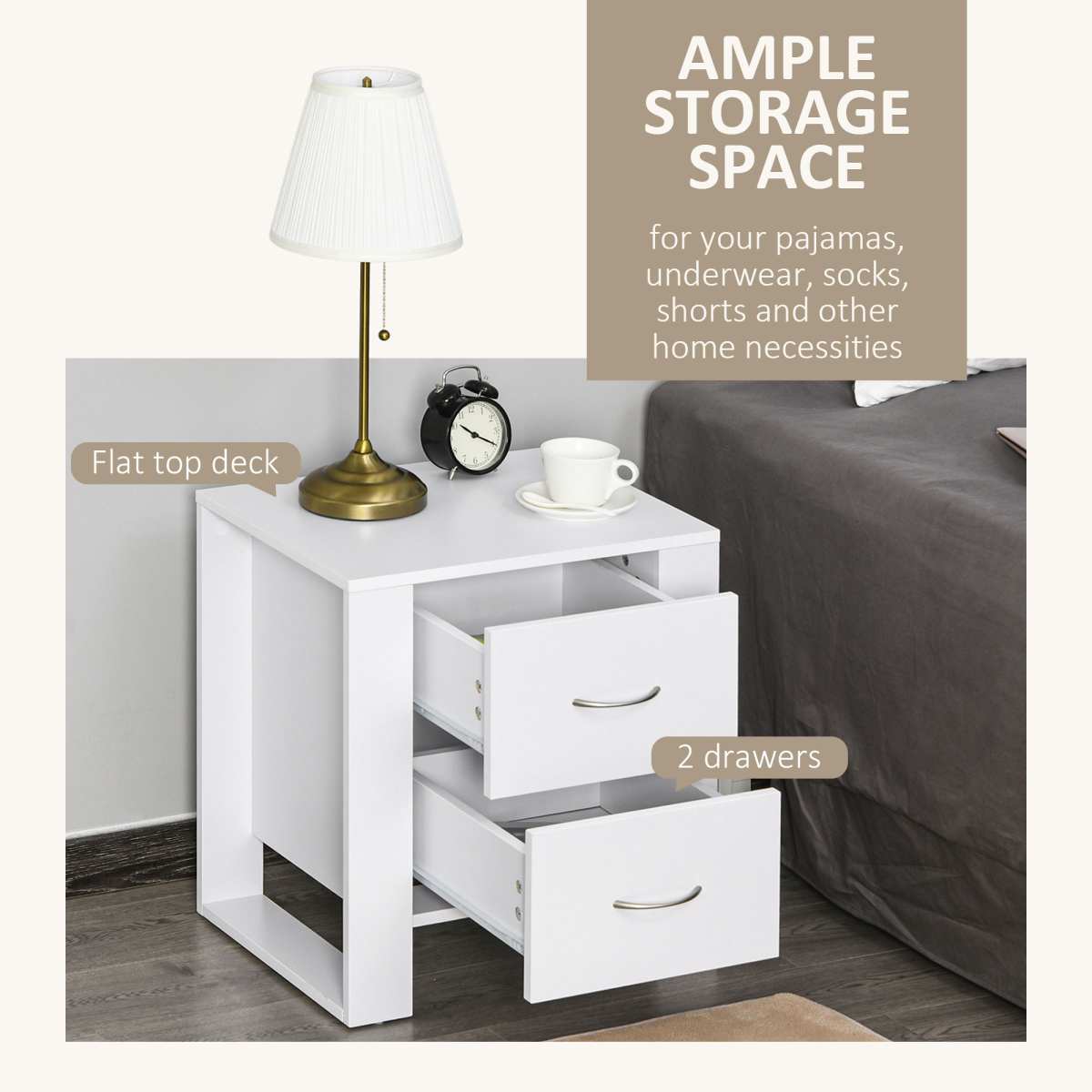 HOMCOM White Particle Board 2-Drawer Bedside Table with Silver Handles