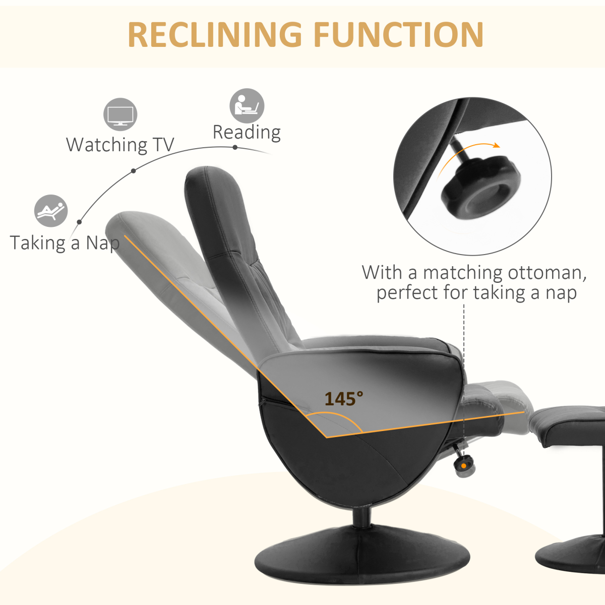 Reclining Armchair and Ottoman Set, 360 Swivel, Faux Leather, Black