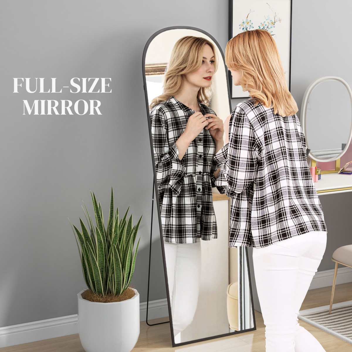 HOMCOM Full Length Mirror, Aluminium Frame, Black, Hanging or Leaning