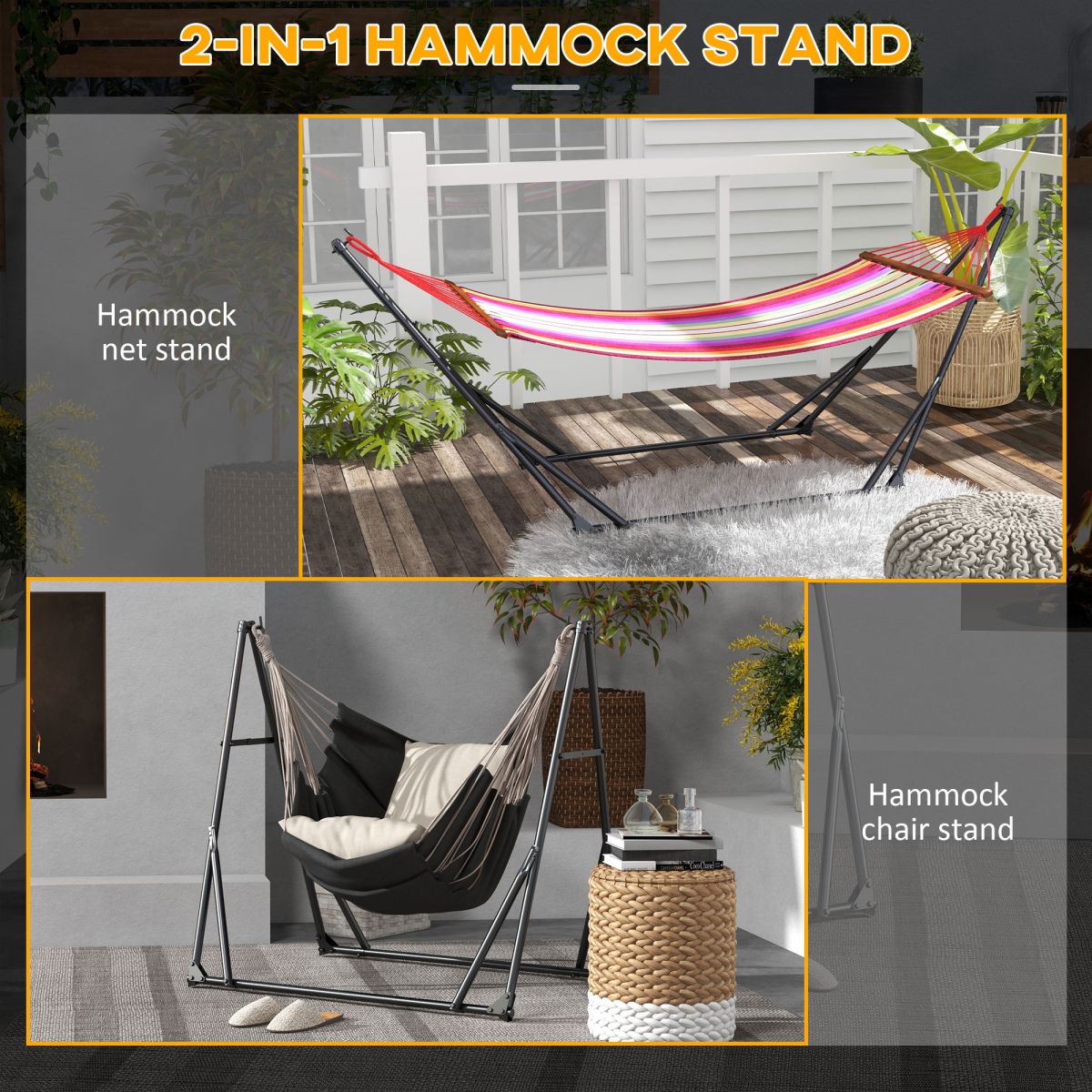 Outsunny 2 in 1 Foldable Steel Hammock Stand, Hammock Net and Chair Stand with Carrying Bag