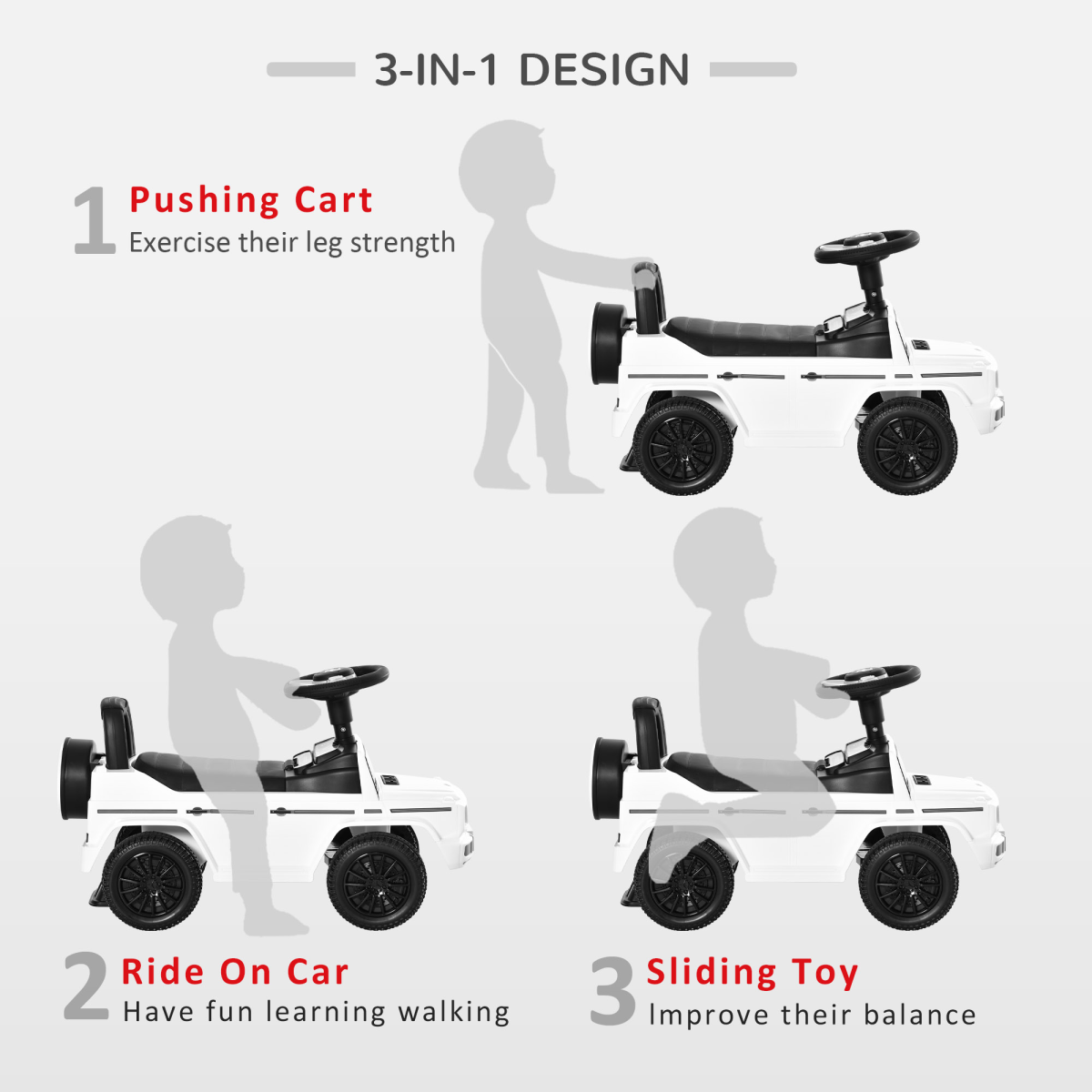 Mercedes Benz G350 Licensed 3-in-1 Kids Ride-On Sliding Car with Under-Seat Storage, No Power, White