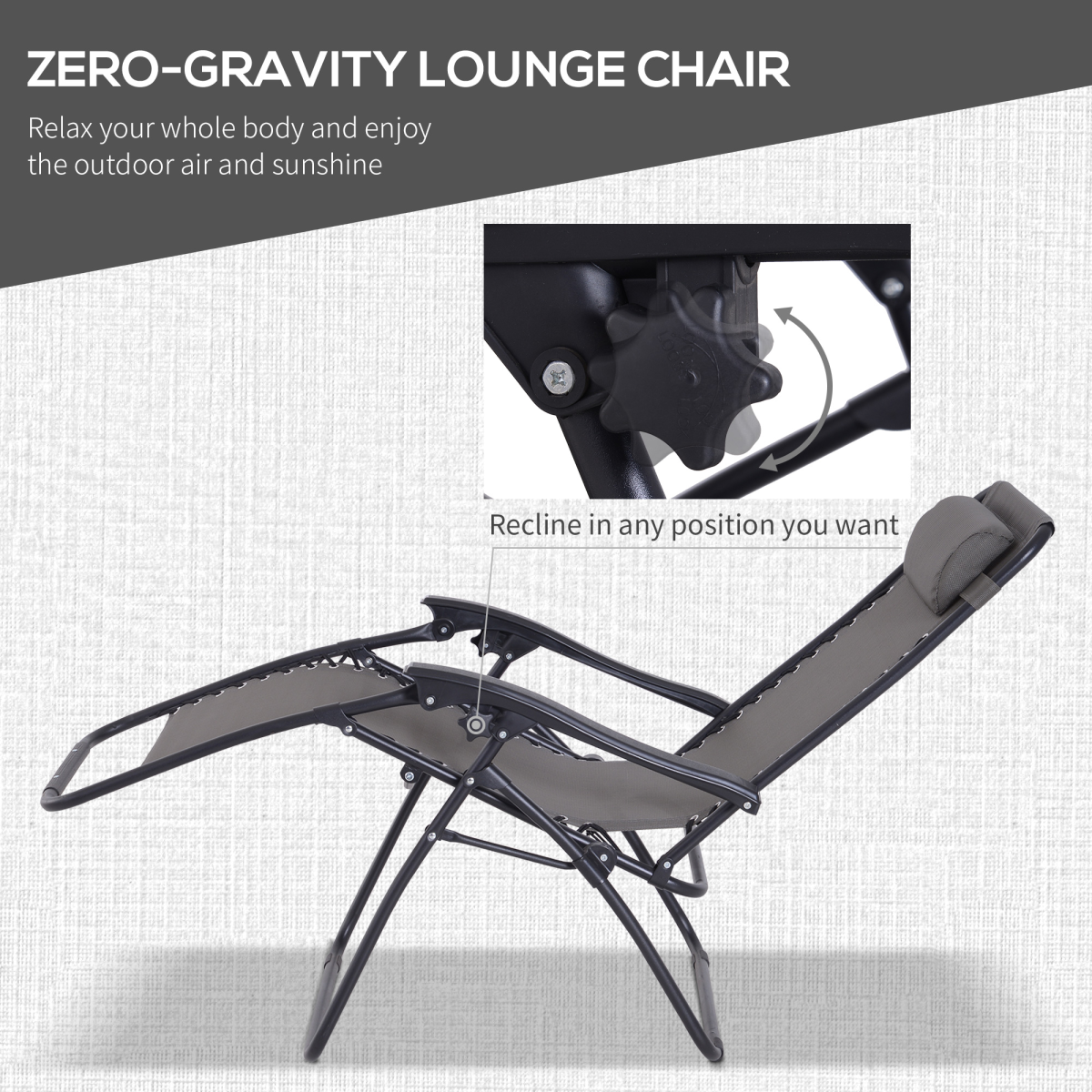 3-Piece Zero Gravity Sun Lounger Set with Side Table and Cup Holders, Dark Grey