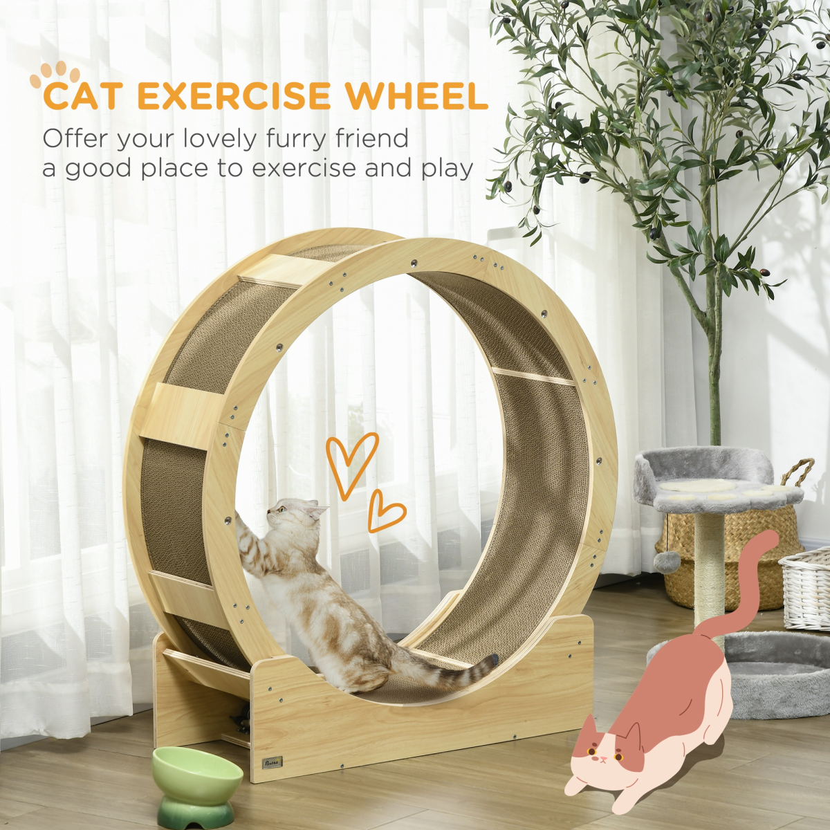 PawHut Cat Wheel with Brake & Scratching Pads, Oak