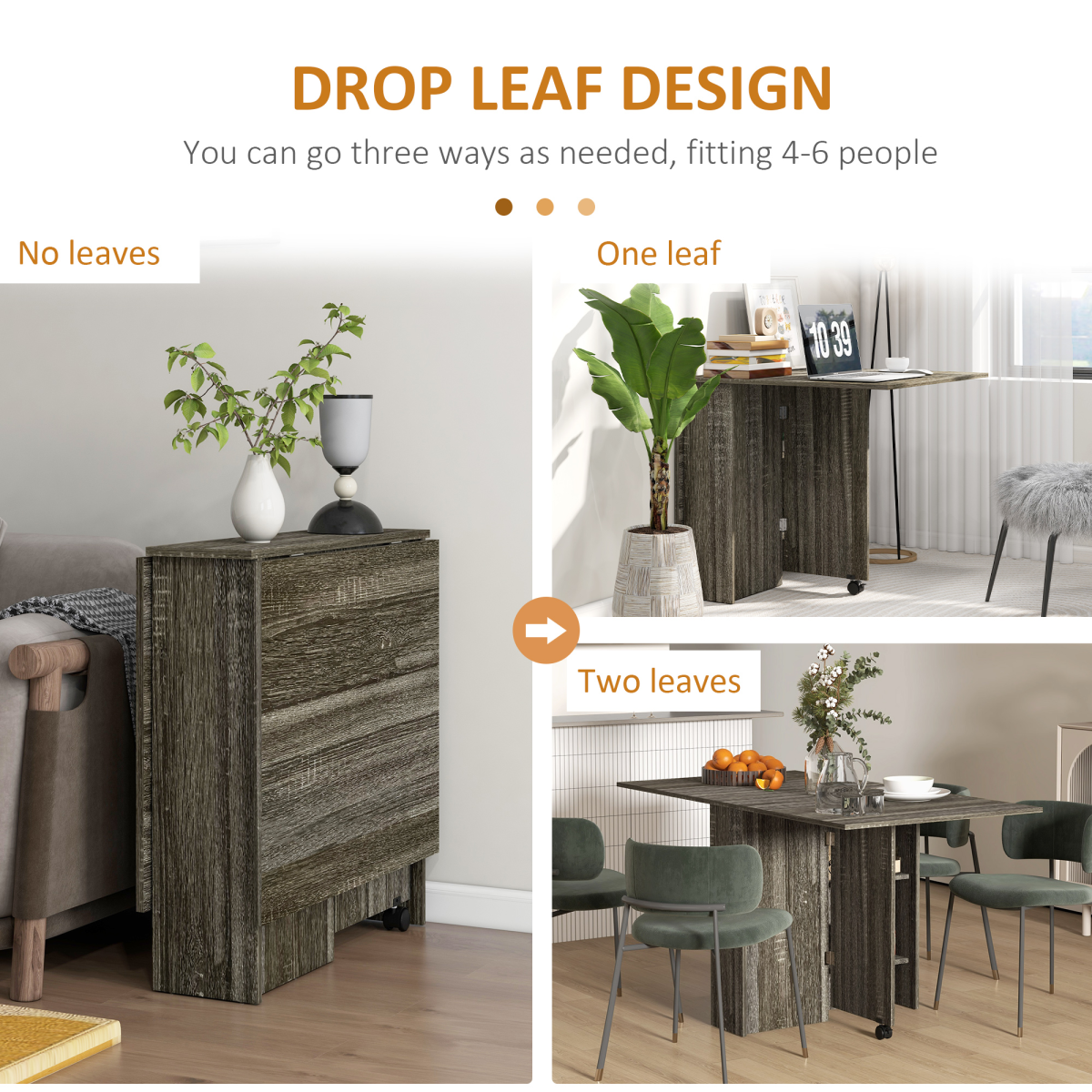 AIYAPLAY Grey Mobile Drop Leaf Dining Table with Wheels & Shelves