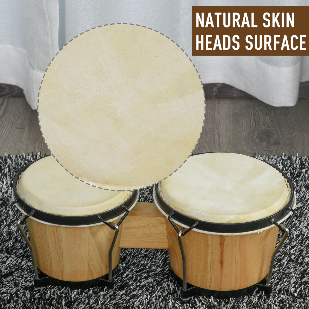 Wooden Bongo Drum Set with Sheepskin Heads and Tuning Wrench