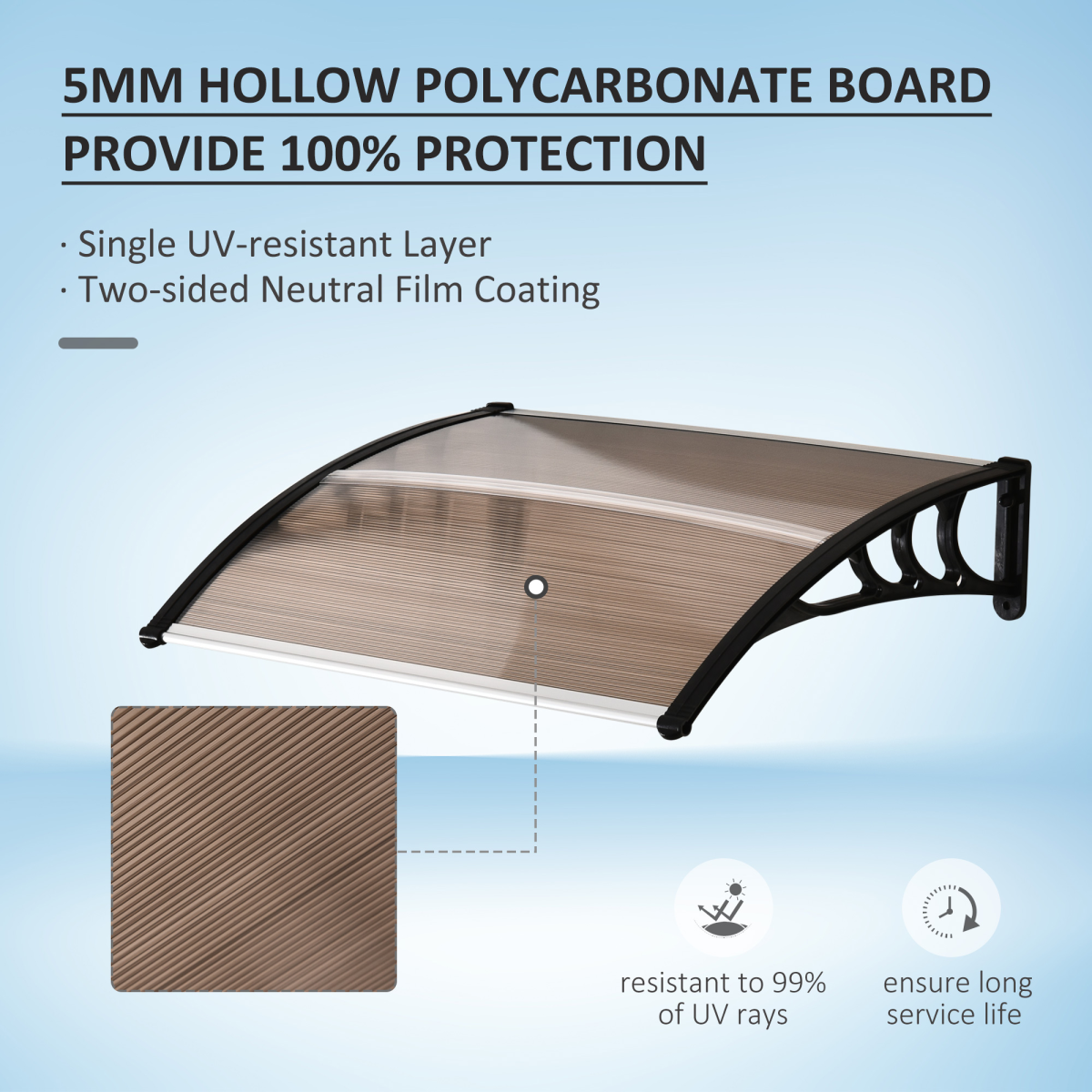 Outsunny 75 x 120 x 23 cm Brown Curved Polycarbonate Awning with Black Bracket