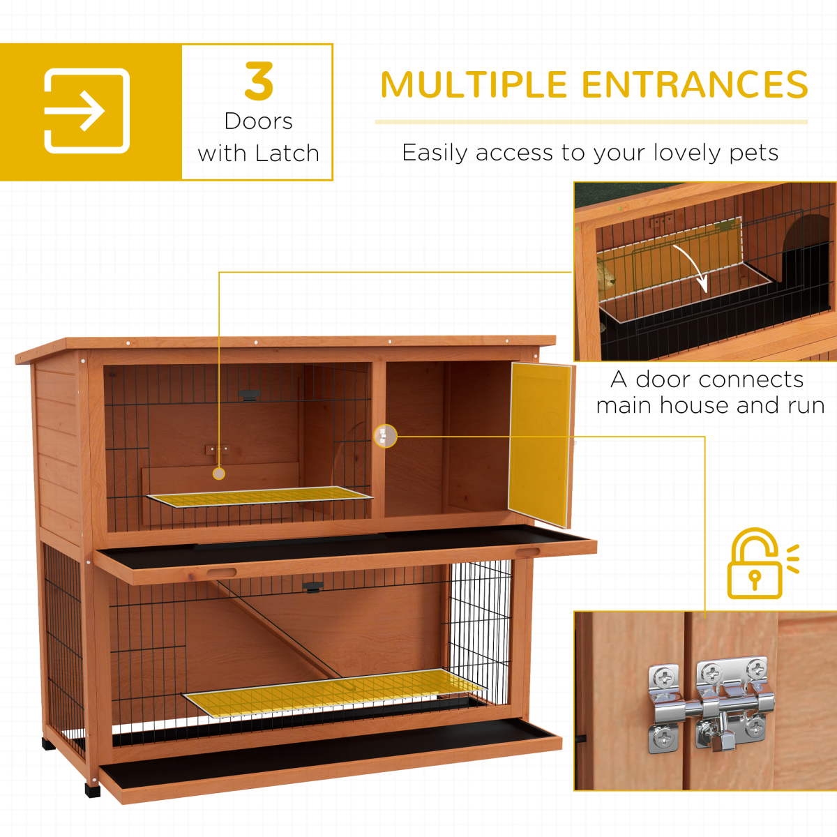 PawHut Wooden Outdoor Rabbit Hutch for 1-2 Rabbits, Antiseptic Fir Wood, Steel Wire, Orange
