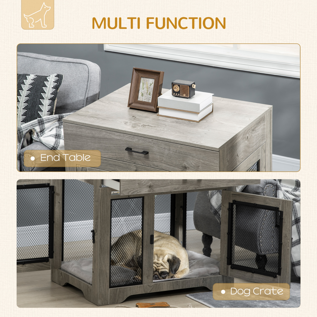 Double Door Dog Crate Furniture Side Table for Medium Dogs, Grey