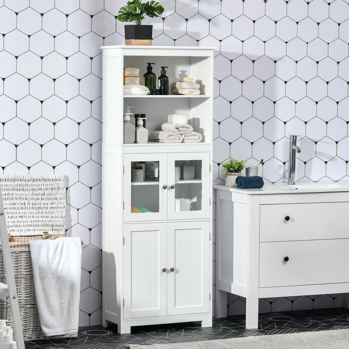 HOMCOM White Kitchen Cupboard with Adjustable Shelves and Glass Doors