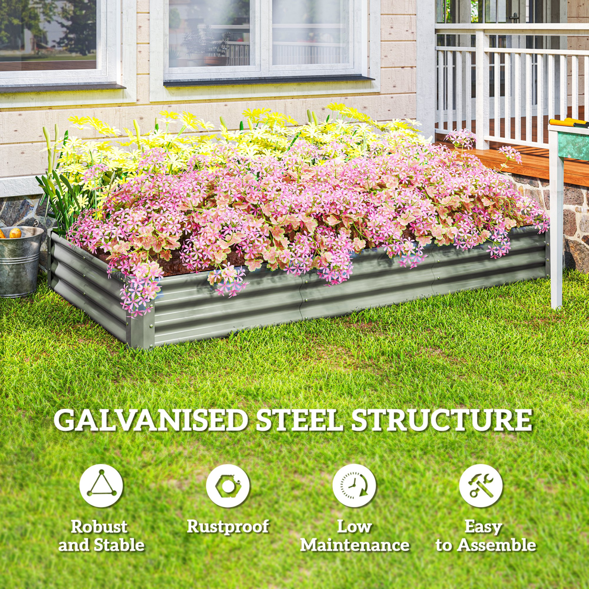 Outsunny Galvanised Raised Garden Bed 240x120x30cm, Silver Grey