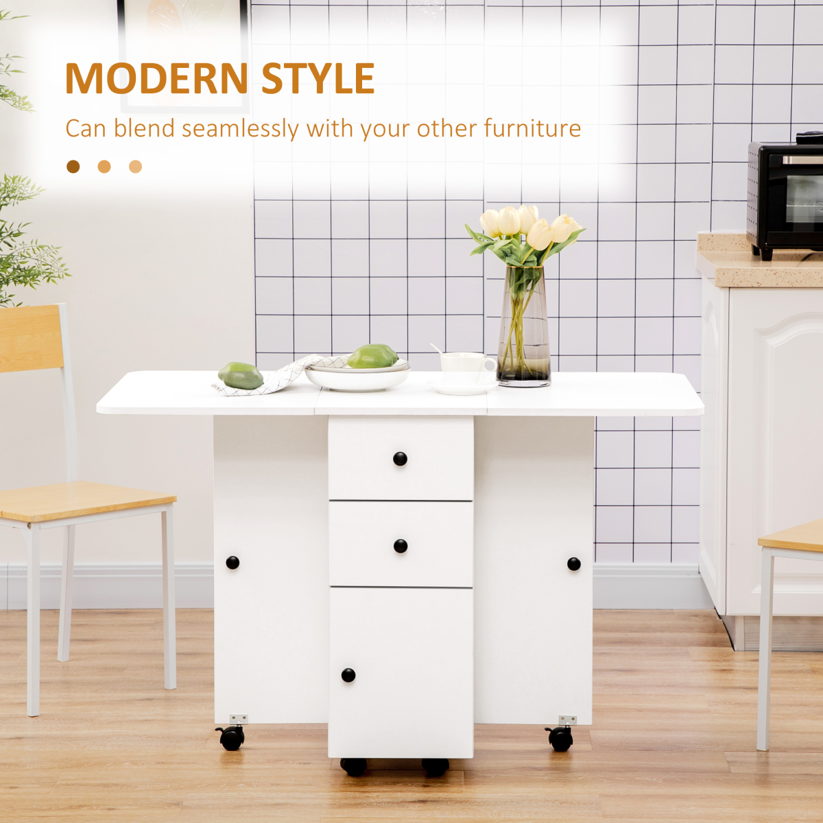 HOMCOM White Folding Drop Leaf Dining Table with Storage Drawers