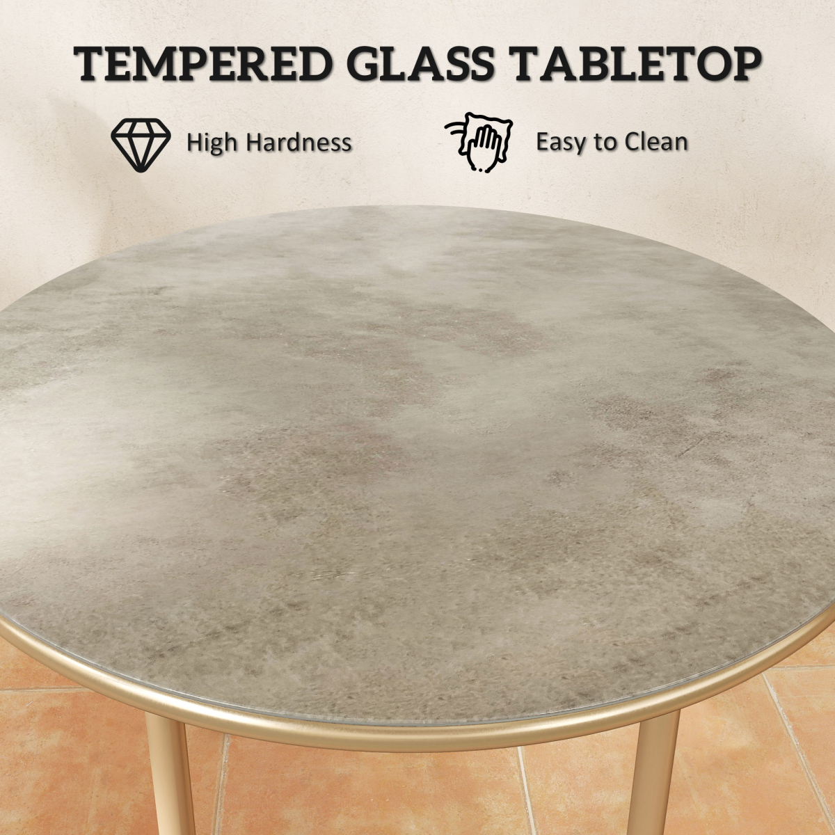 Outsunny Round Garden Table with Faux Marble Tempered Glass Top, Beige