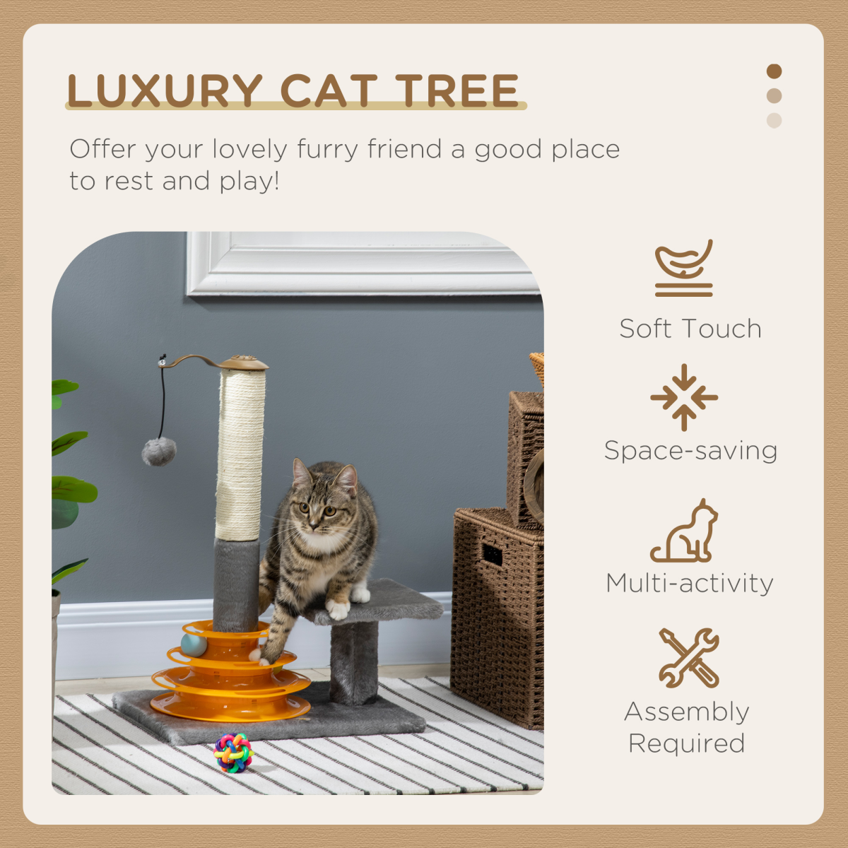 PawHut Grey Cat Tree with Scratching Post & Toys, 56cm